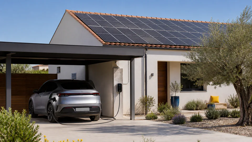 Coche eléctrico conectado a un cargador mural junto a una vivienda con placas solares